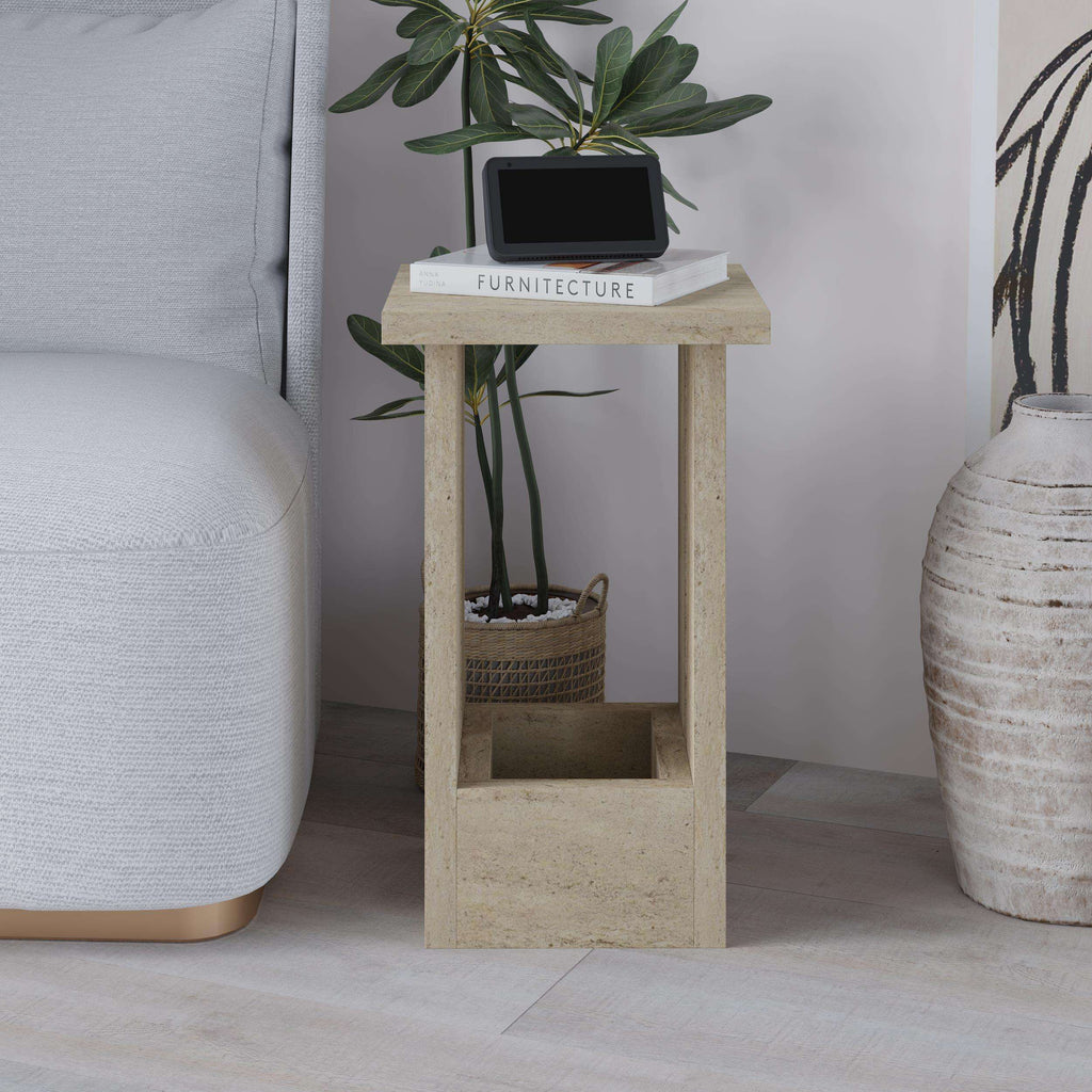 Light oak narrow side table with open lower shelf and flat top surface