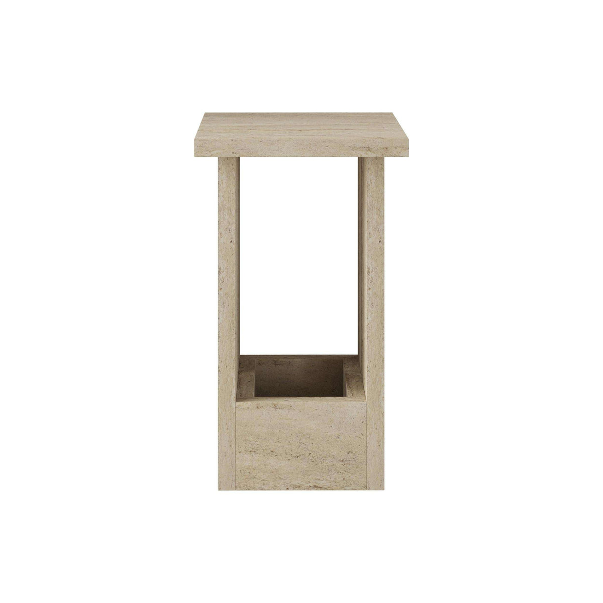 Light travertine-style side table with open shelf and rectangular frame
