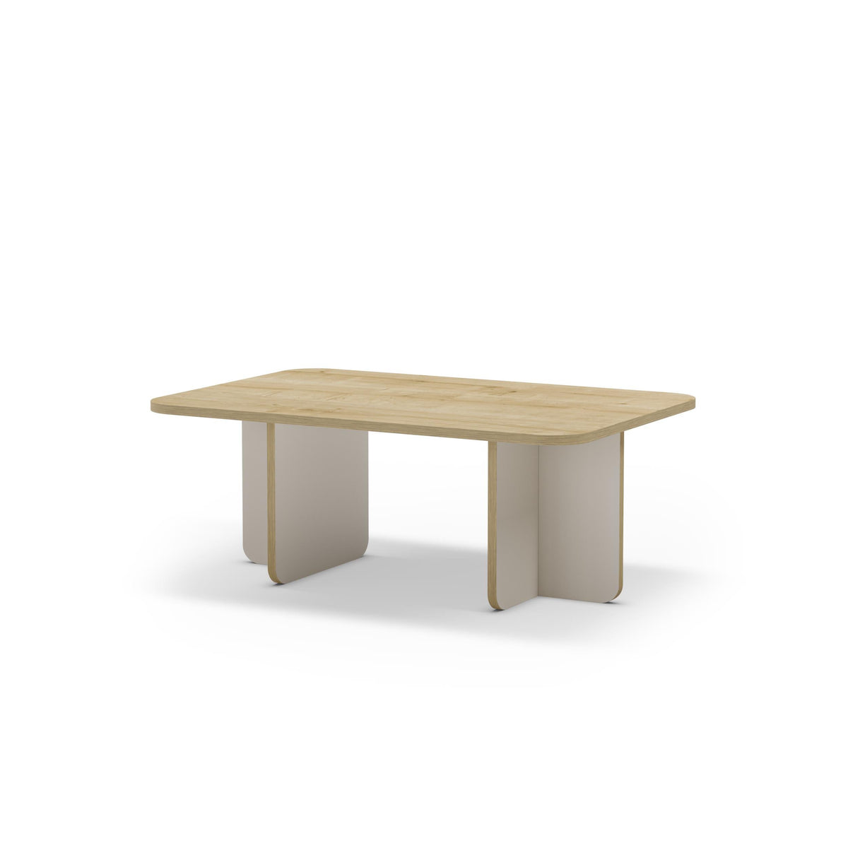 Rectangular coffee table with light oak top and white side supports