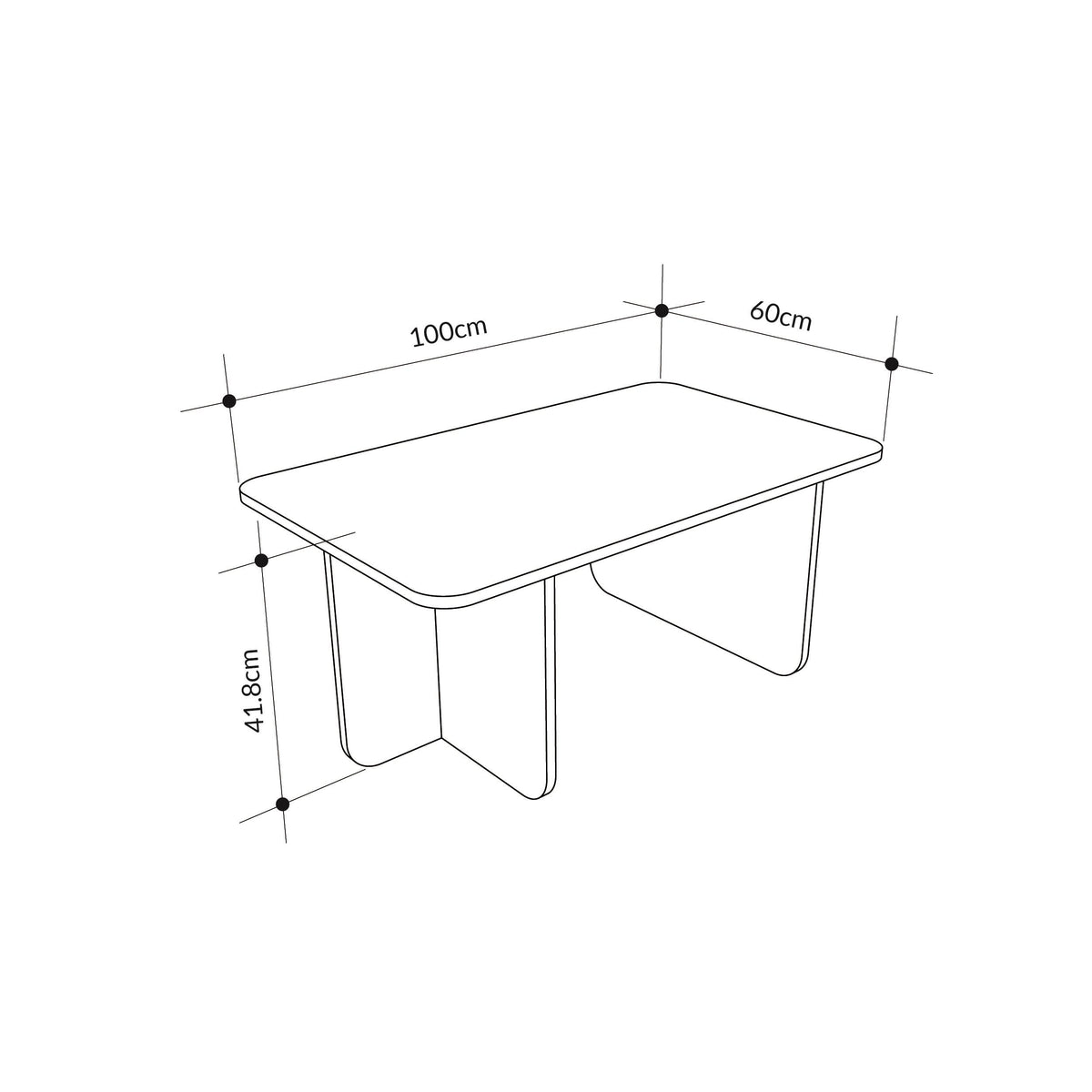 Rectangular coffee table size diagram, 100cm x 60cm with 41.8cm height