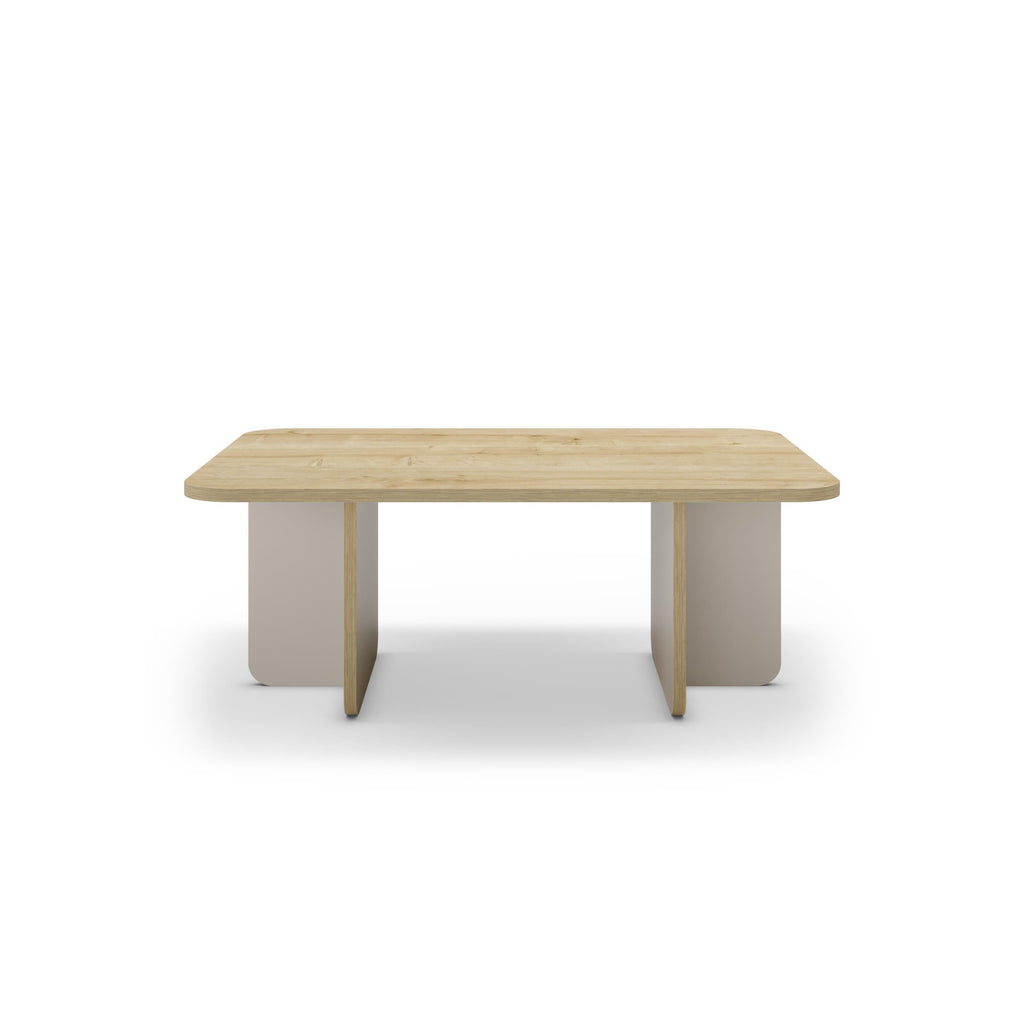 Rectangular coffee table with light oak top and four tapered corner legs