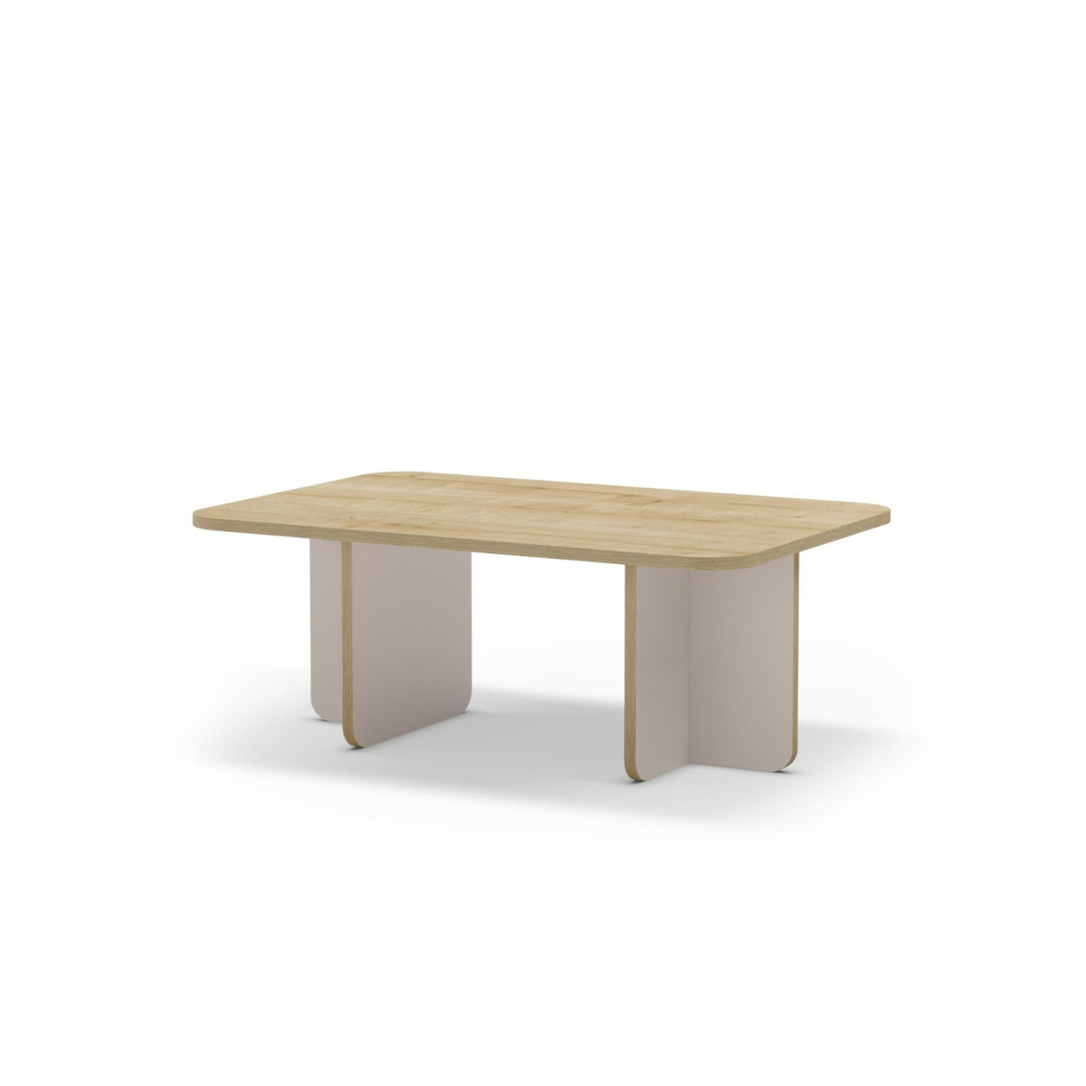 Rectangular coffee table with light oak top and white rounded corner legs