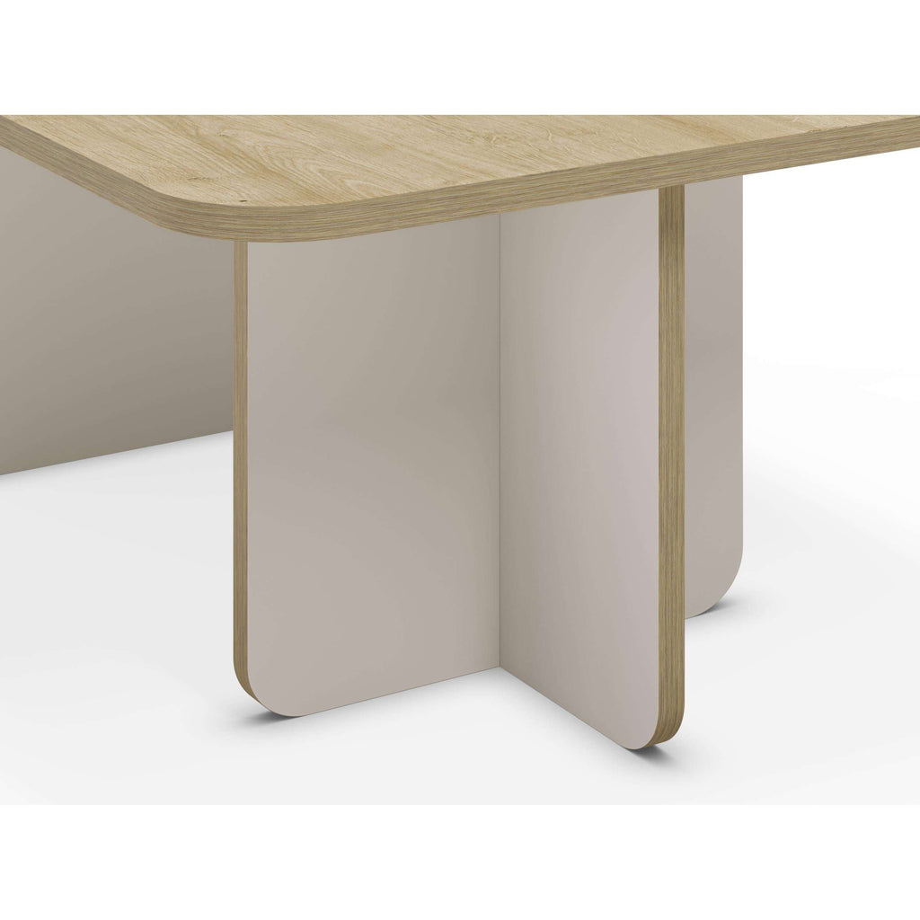 Rectangular coffee table underside with light oak top and rounded pedestal legs