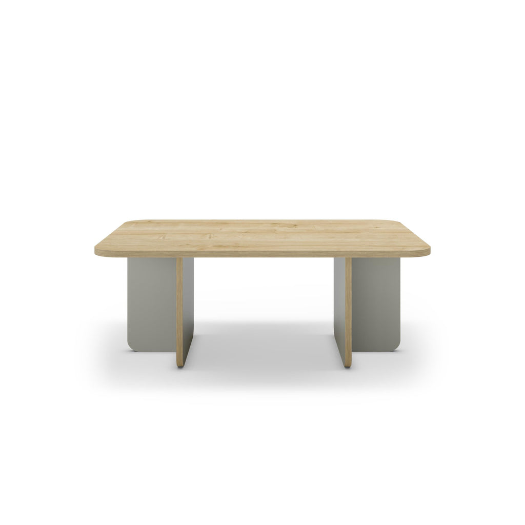 Light stone-look rectangular coffee table with smooth top and tapered wooden legs