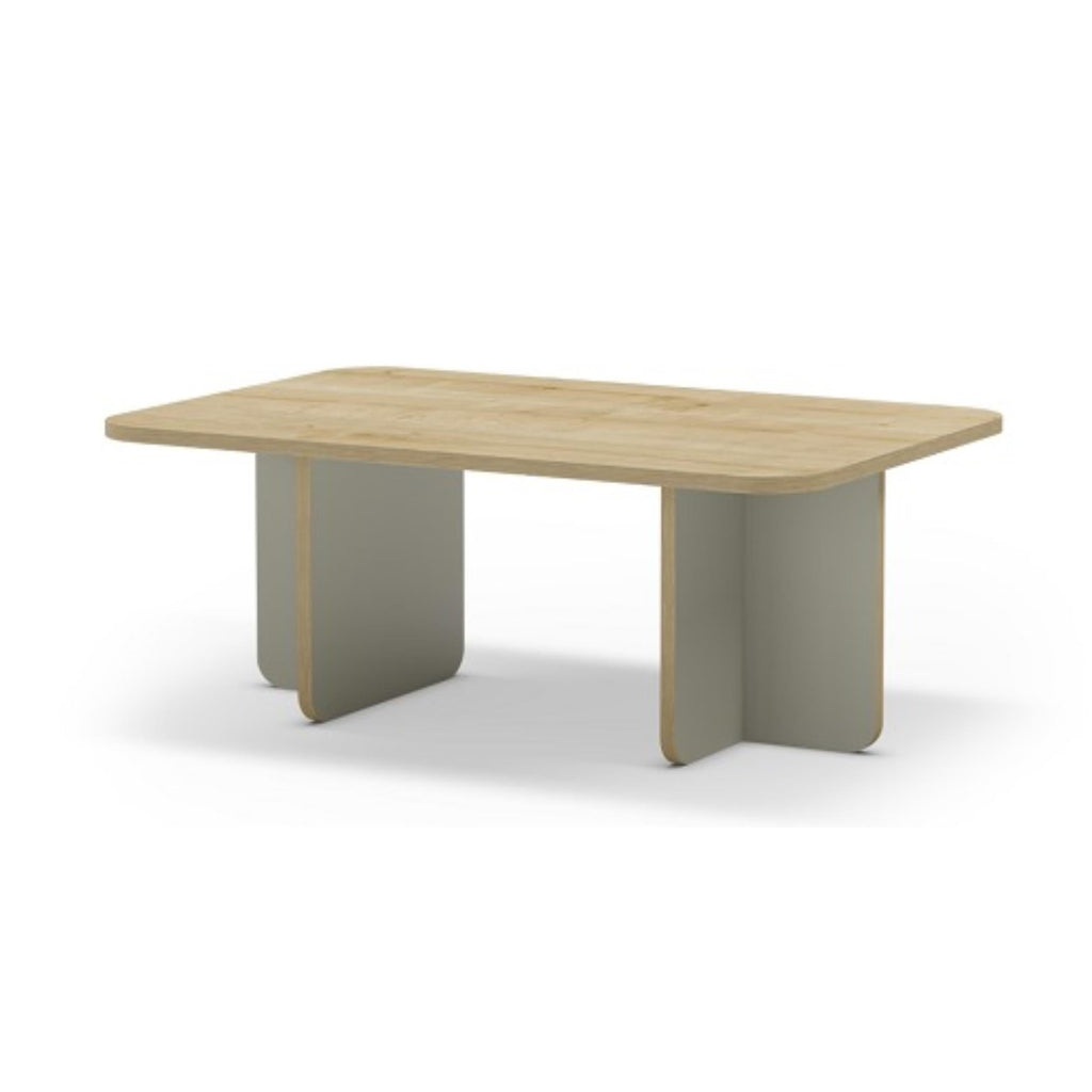 Rectangular coffee table with light oak top and two broad rounded end supports