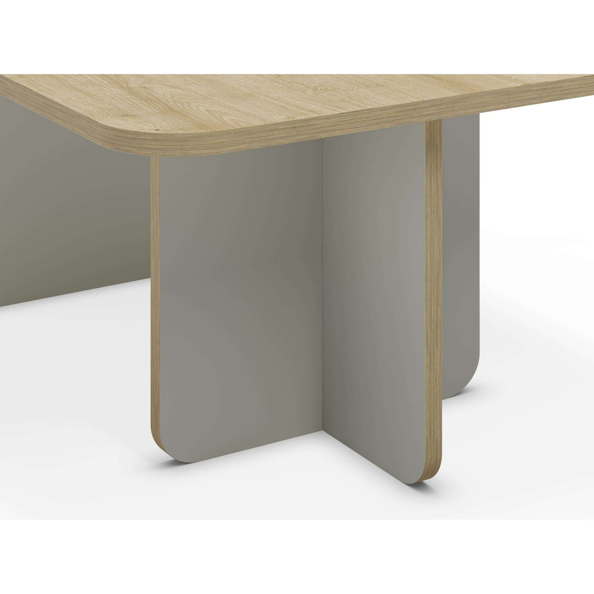 Rectangular coffee table with light wood top and curved apron, tapered legs