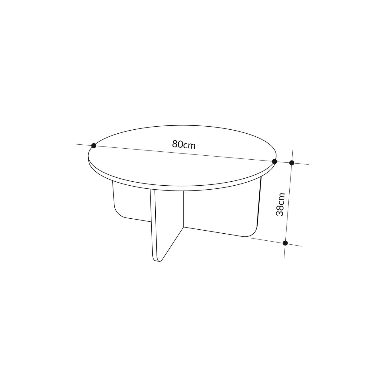 Round coffee table diagram showing 80cm width and 38cm height.