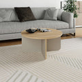 Round coffee table with light wood top and beige curved base.
