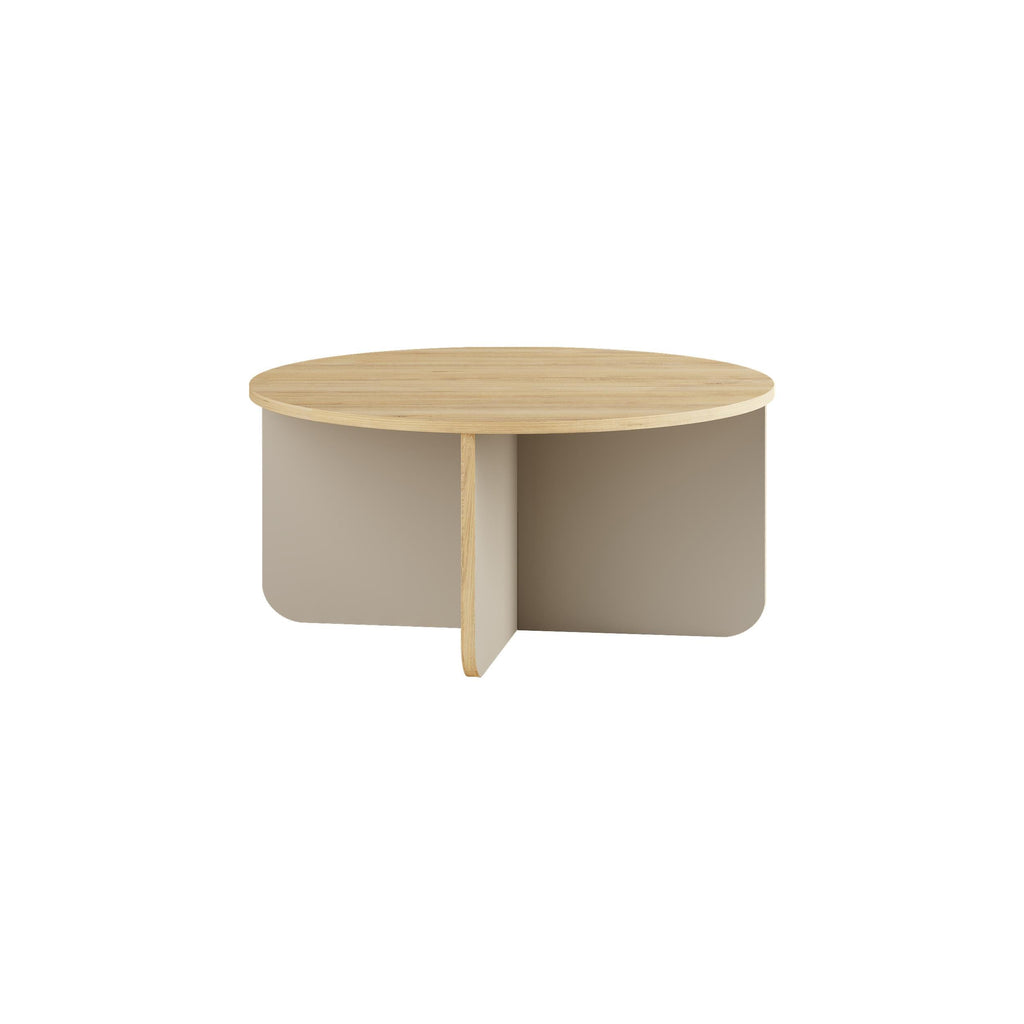 Round coffee table with light wood top, pale green side panels, and central support.