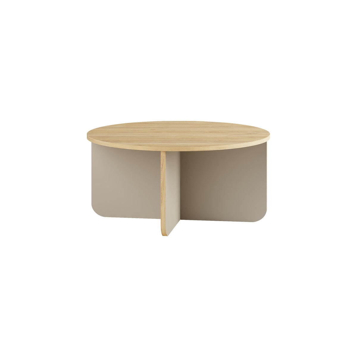 Round coffee table with light wood top, pale green side panels, and central support.