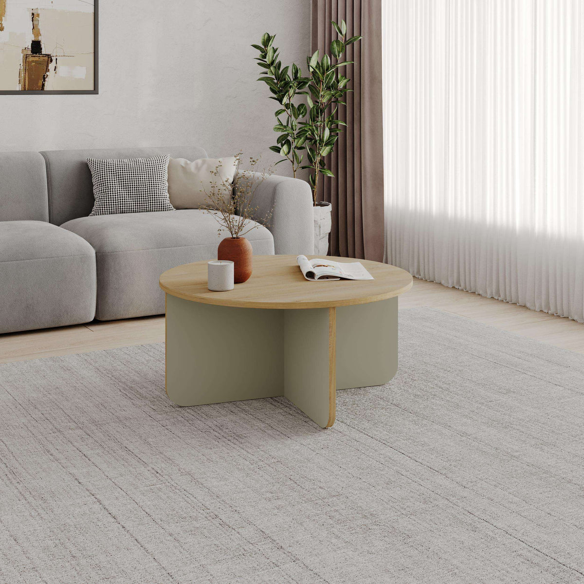 Round coffee table with light tan wood base and smooth light gray top