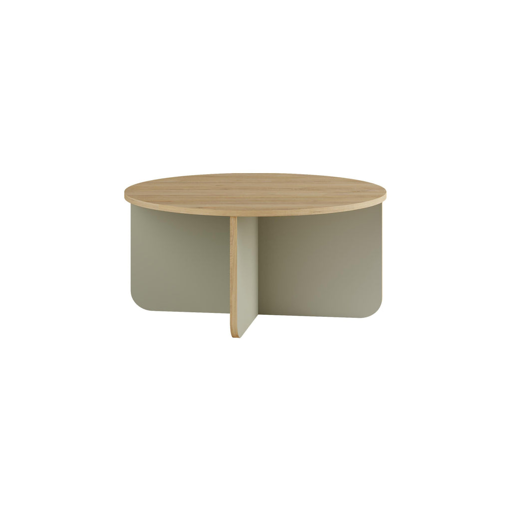 Round coffee table studio view with light wood top and pale green base.