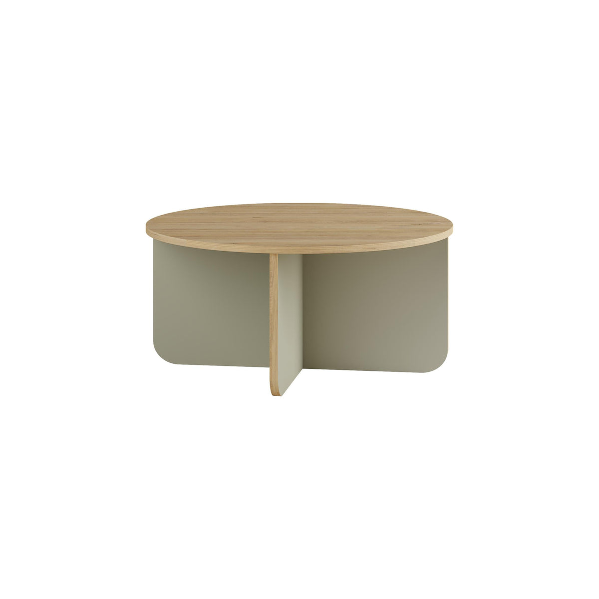 Round coffee table studio view with light wood top and pale green base.