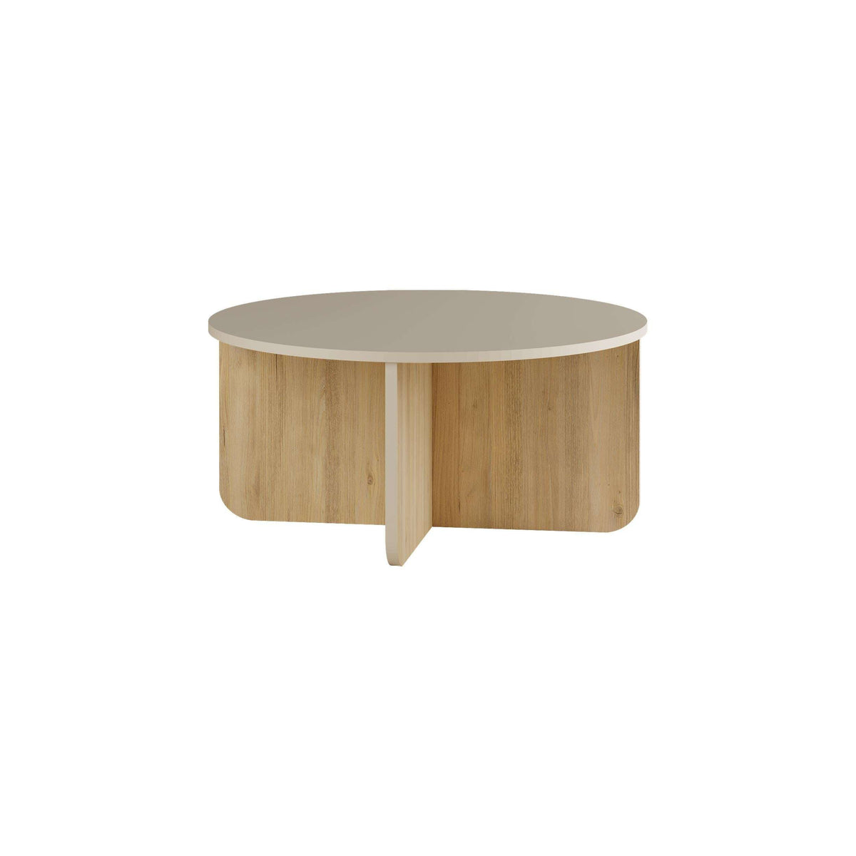 Round coffee table with oak wood finish and light gray top