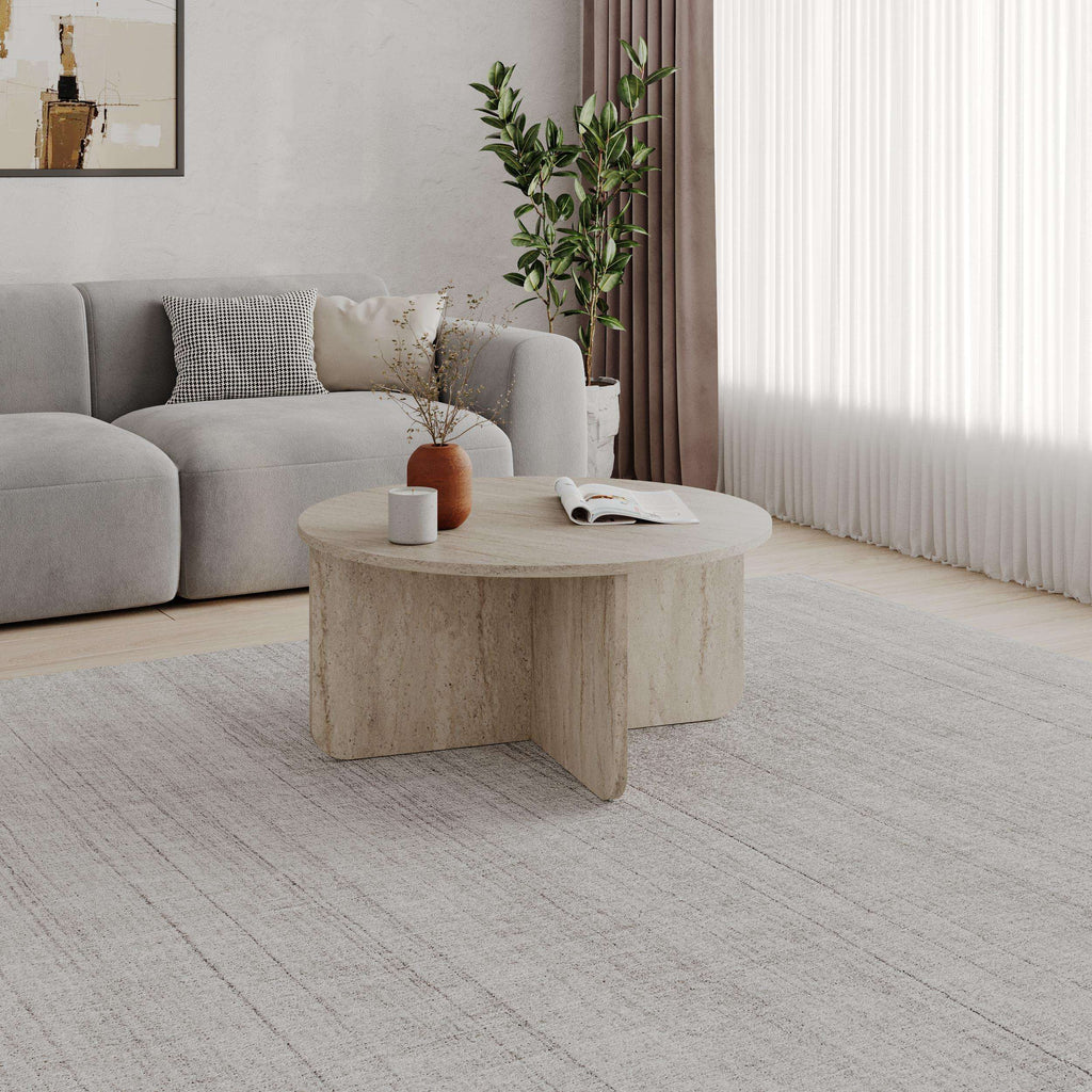 Sandstone wood-look round coffee table with thick angled base, 80 cm
