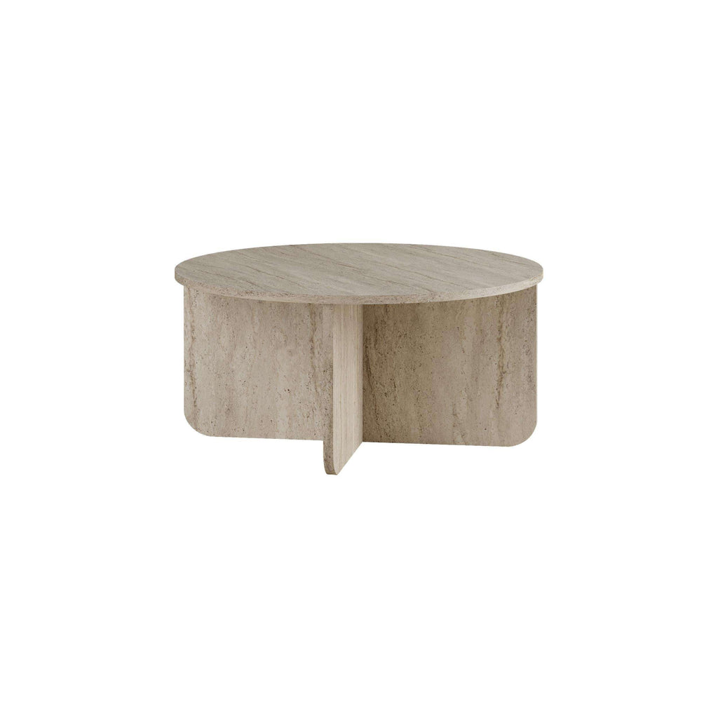 Round coffee table with travertine-look stone finish and rounded pedestal base