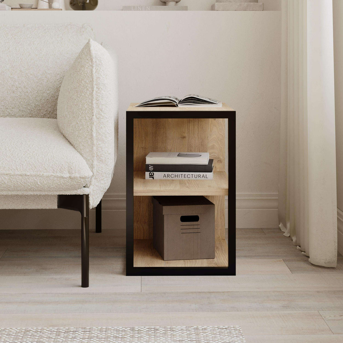 Wood side table with open shelves, dark frame, and top display niche