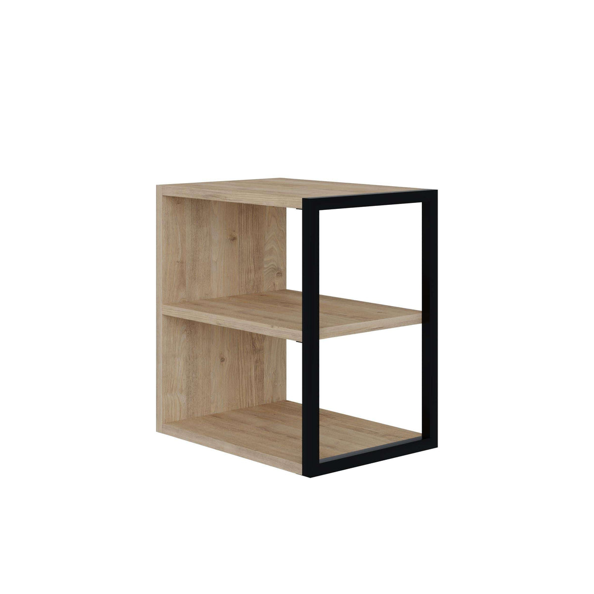 Sapphire Oak side table with three-level open shelving and black metal frame