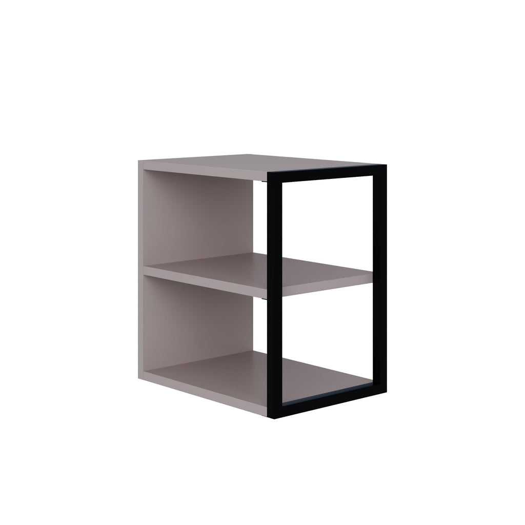 Light Mocha side table with three-level open shelving and black metal frame
