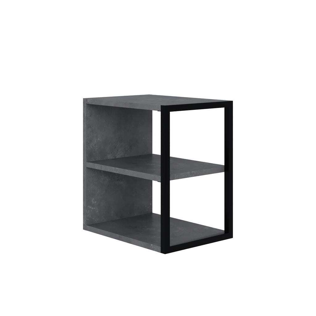 Retro Grey side table with three-level open shelving and black metal frame
