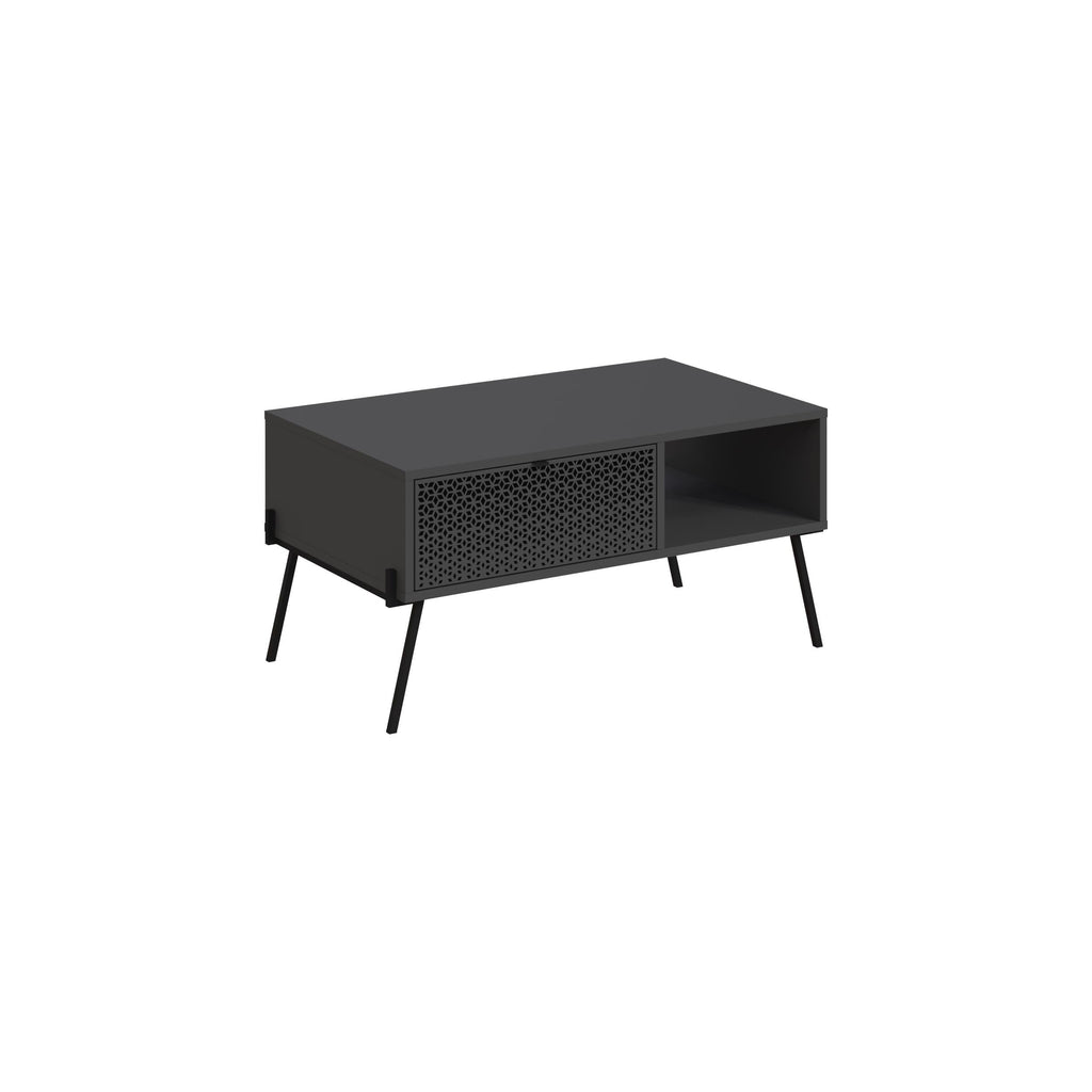 Anthracite grey coffee table with perforated UV pattern front and side shelf
