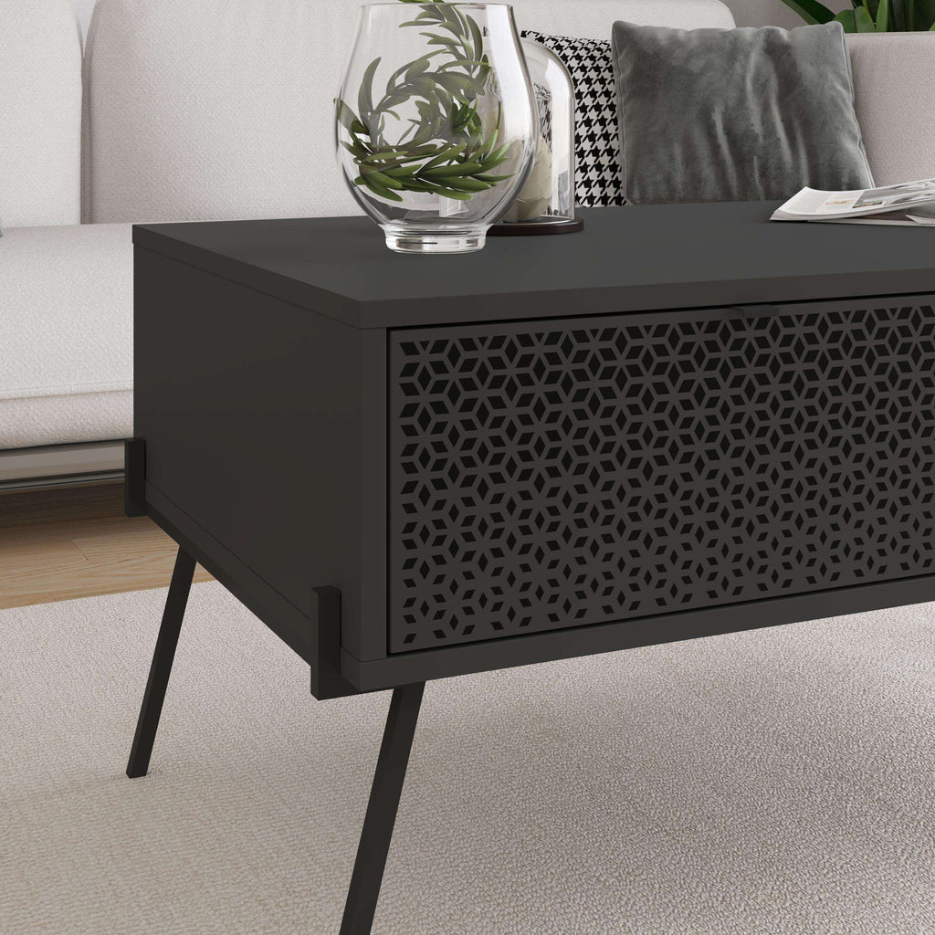 Anthracite grey coffee table corner view with patterned side panel and shelf