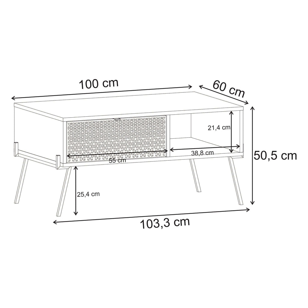 Anthracite grey coffee table size diagram, 103.3 x 60 x 50.5 cm