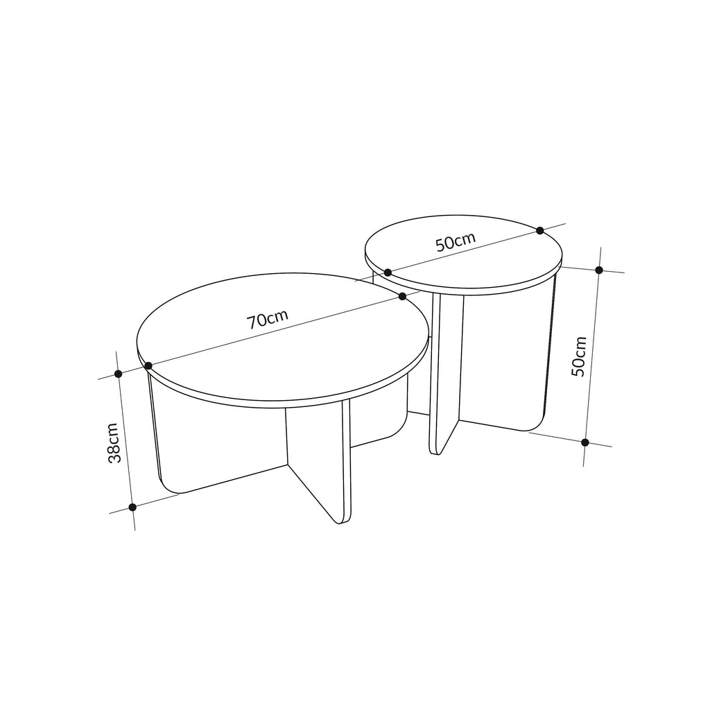 Two oval nesting coffee tables with measurements: 70cm and 50cm diameter