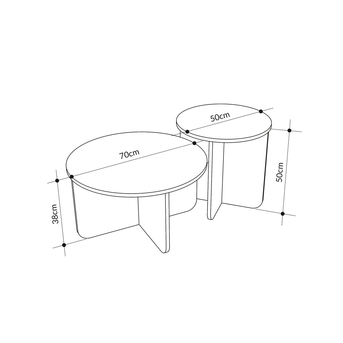Two oval nesting coffee tables with measurements: 70cm and 50cm diameter