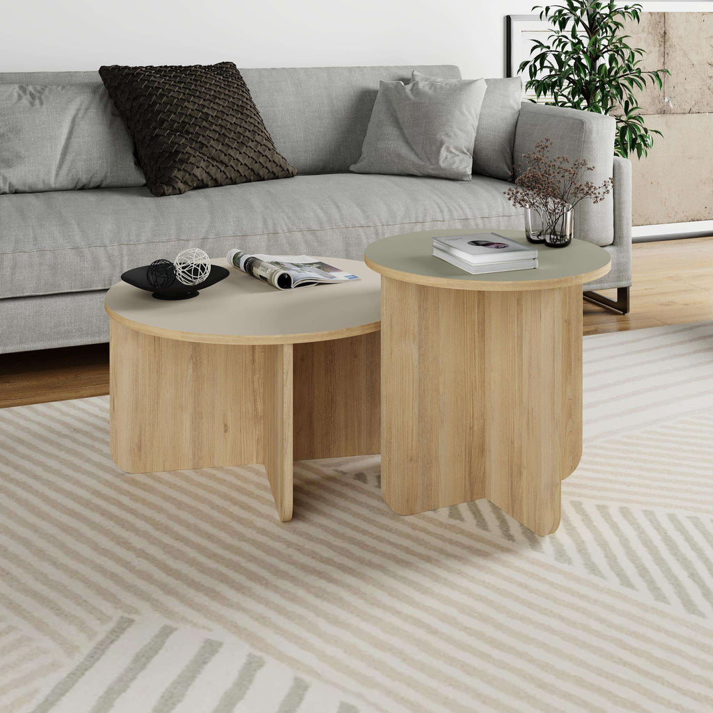 Light oak 2-piece nesting coffee table set in living room setup with books
