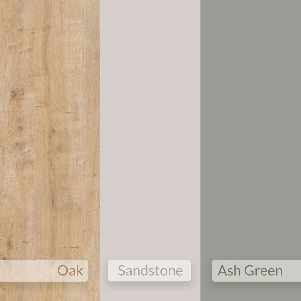 Color swatch panel: Oak, Sandstone, and Ash Green labels on wood-grain surfaces