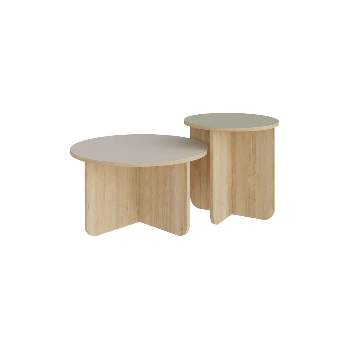 Two-piece round nesting coffee table set in light oak with curved pedestal bases