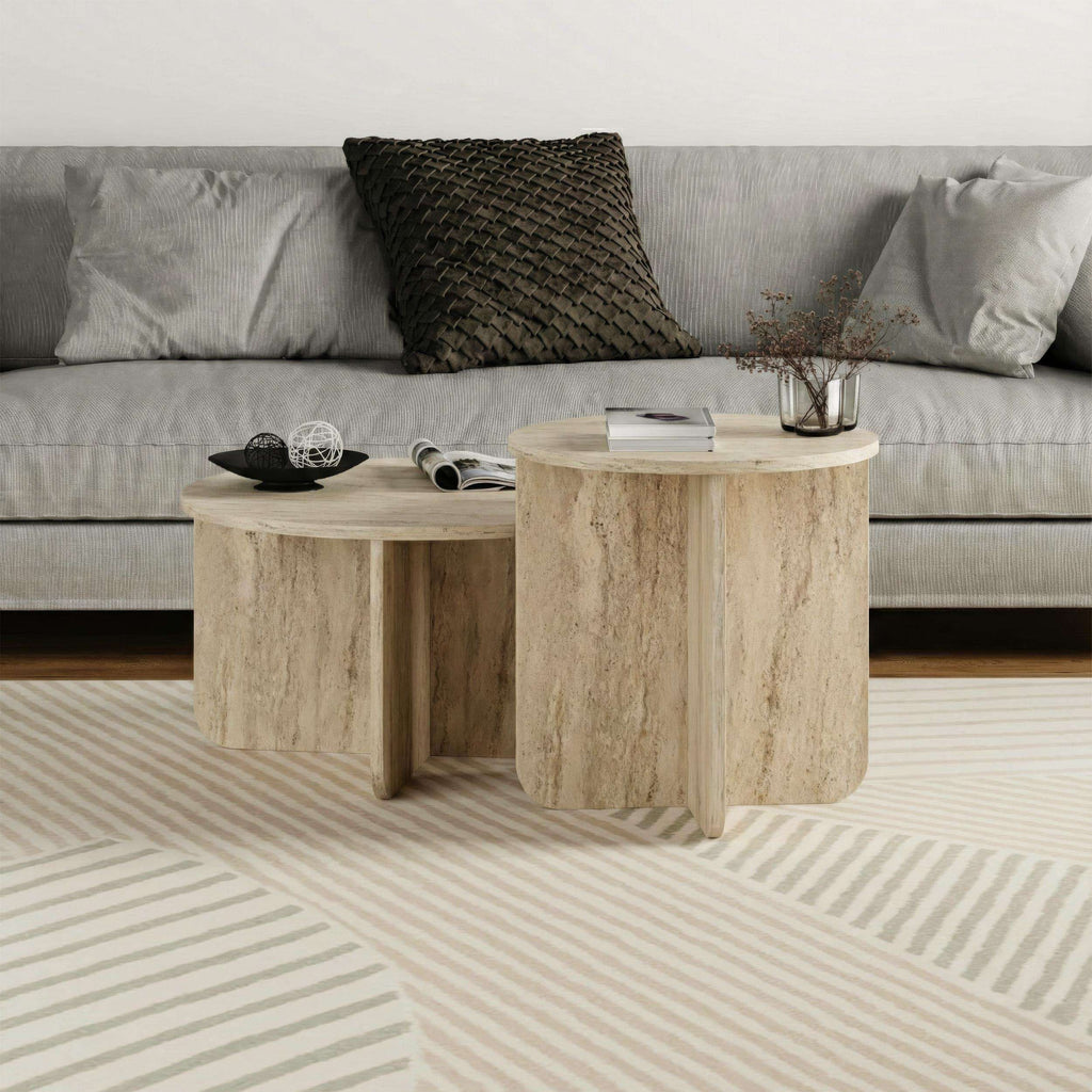 Travertine-style light stone nesting coffee table set with rounded table bases