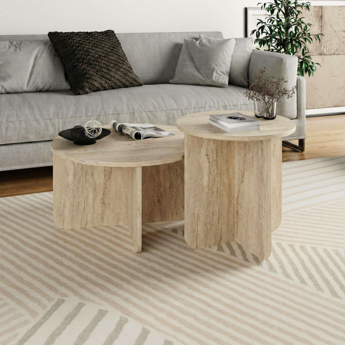 Light oak two-piece nesting coffee table set with curved sides and rounded tops