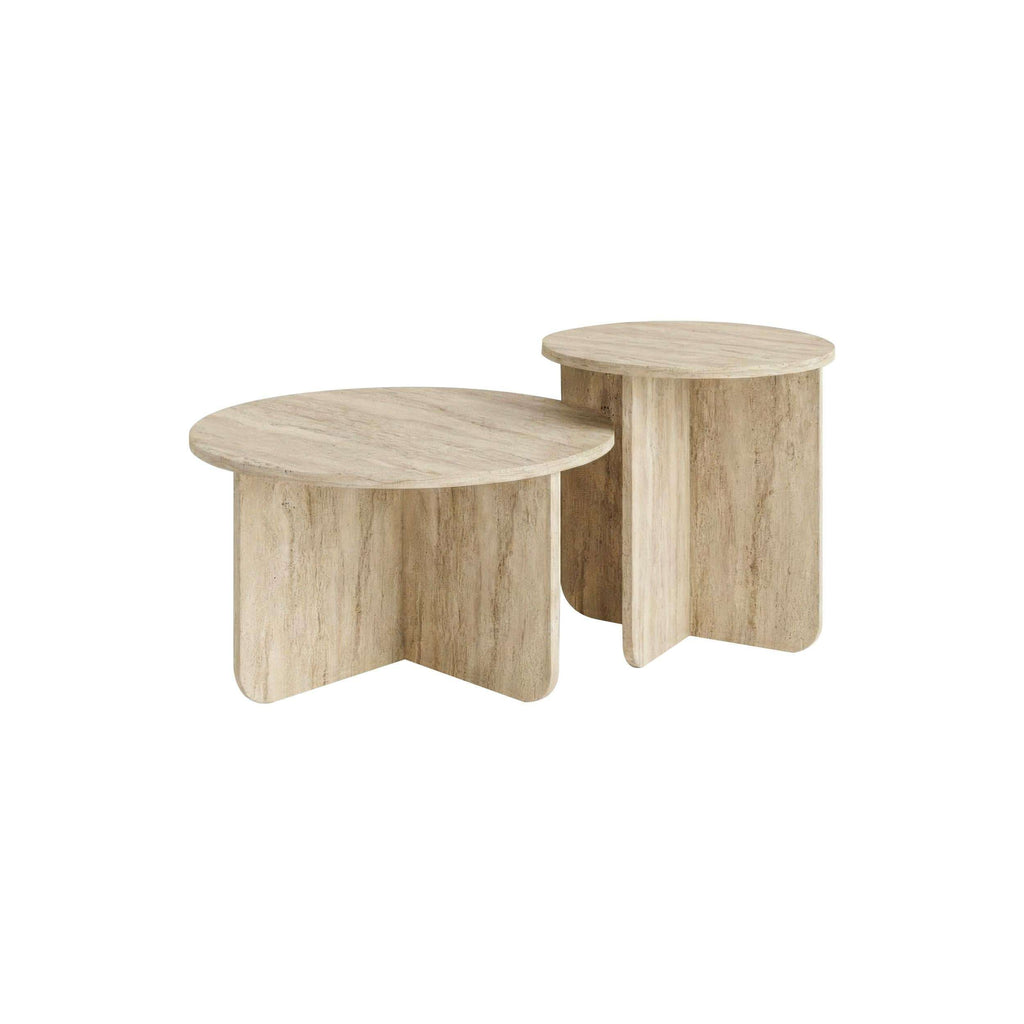 Light oak two-piece round nesting coffee table set with curved pedestal supports