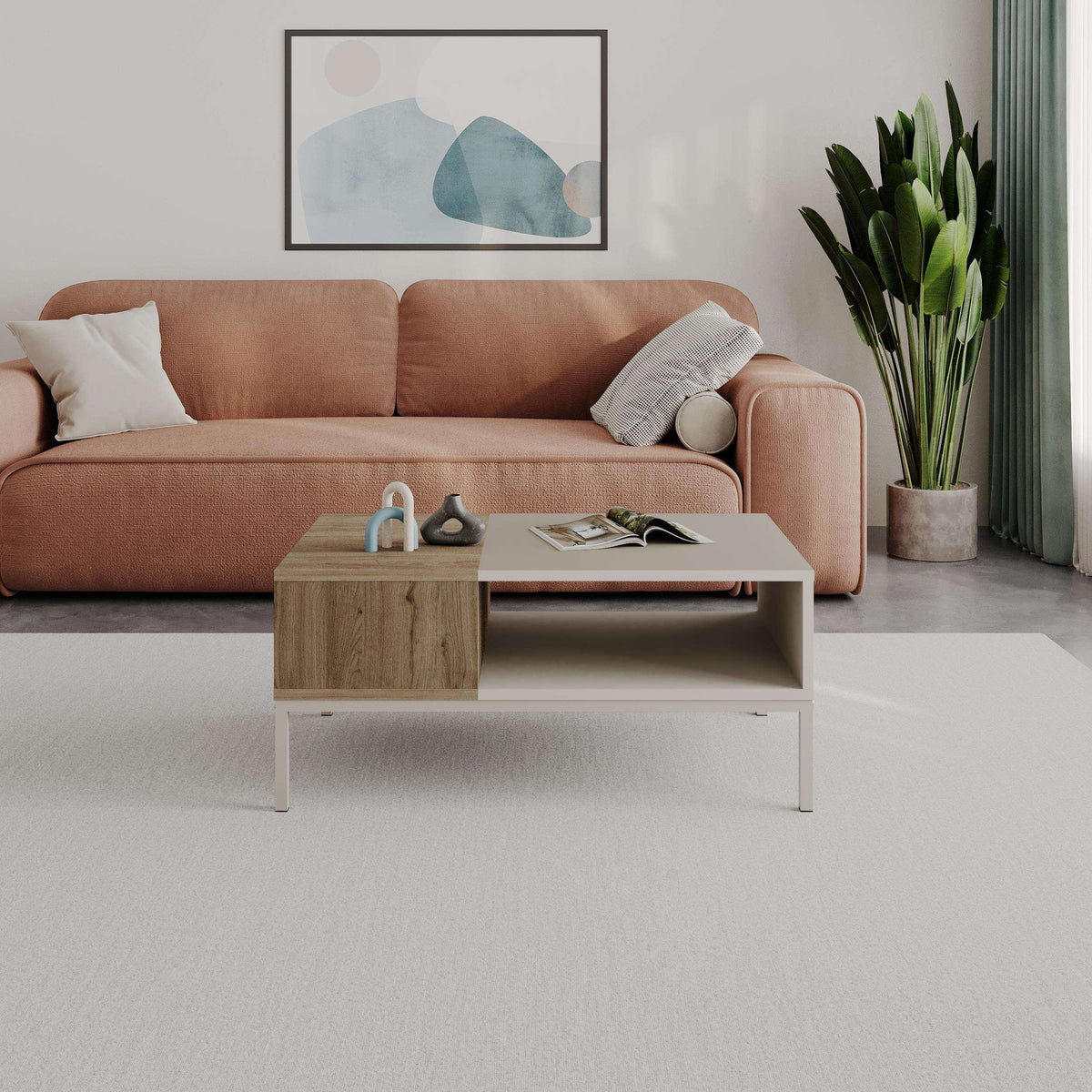 Coffee table with open storage, light oak frame and open shelf in a living room