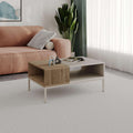 Light oak coffee table with open storage cubby and off-white metal legs