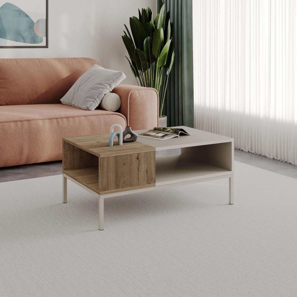 Light oak coffee table with open storage cubby and off-white metal legs