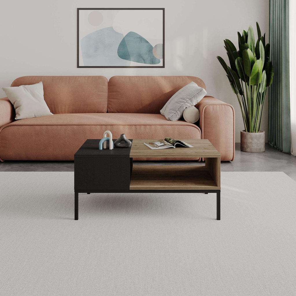 Modern coffee table with light oak open shelf and black metal legs