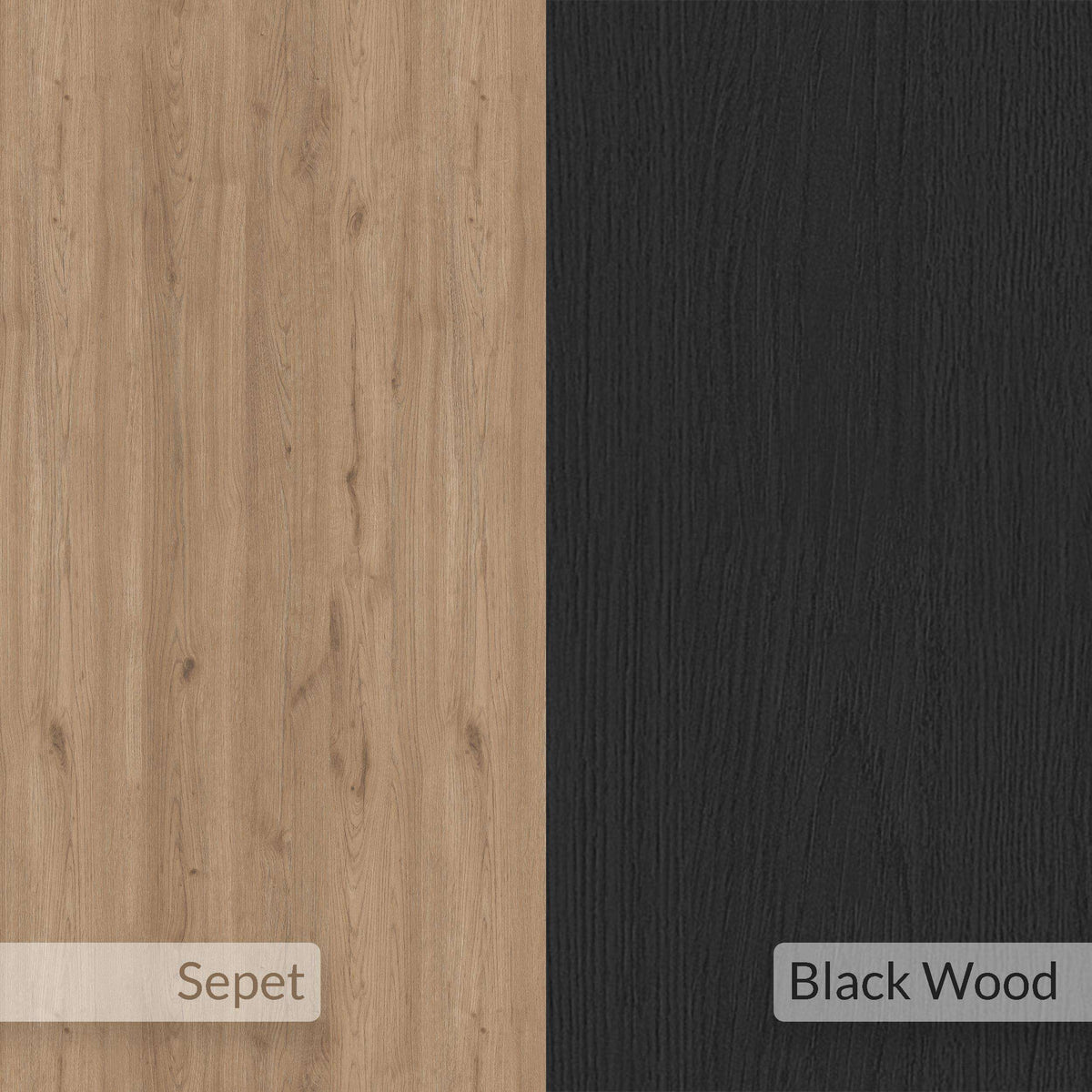 Wood color swatch panel showing light wood grain on the left and black wood on the right.