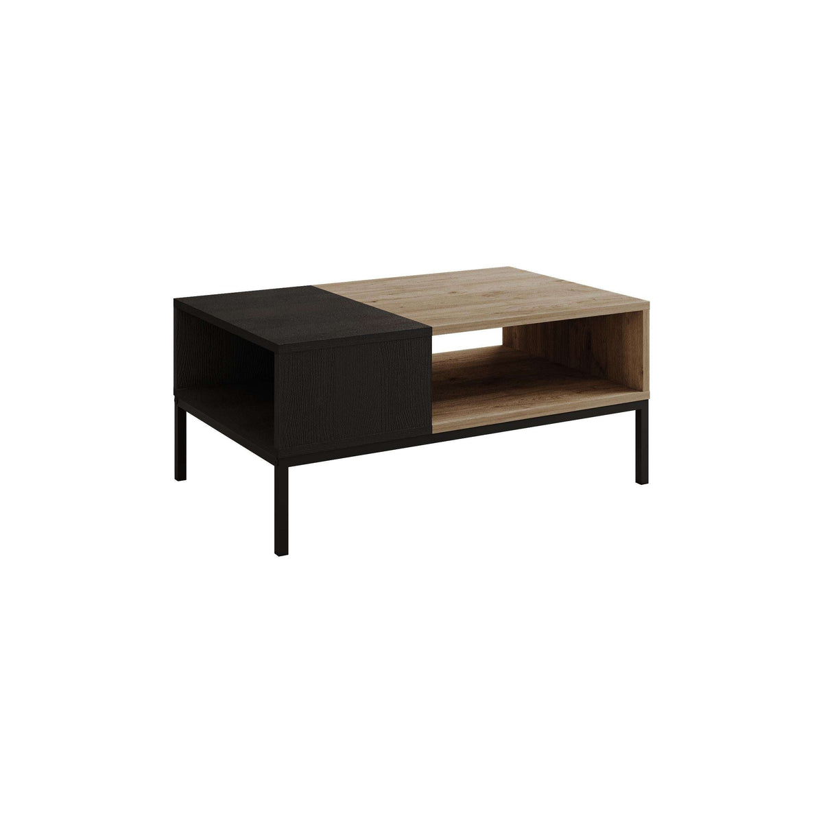 Two-tone coffee table with open storage, dark frame, light oak insert, black legs