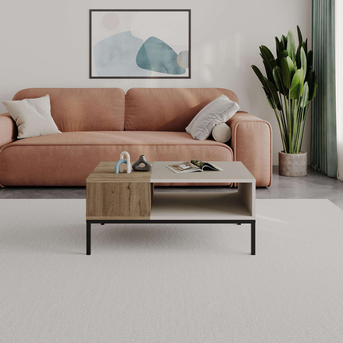 Modern coffee table with light oak open shelf and black metal frame legs