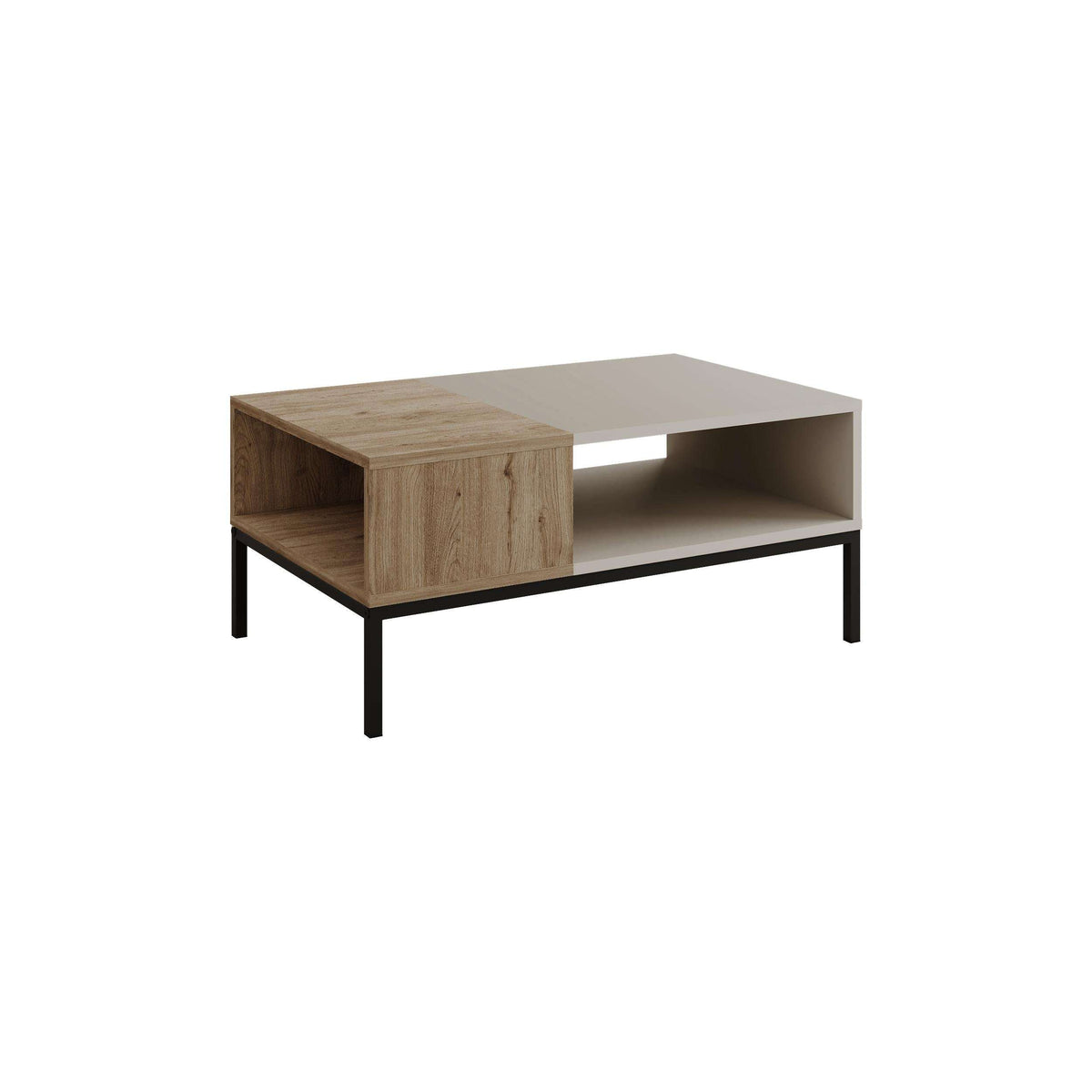 Modern coffee table in light oak with open center shelf and black metal legs