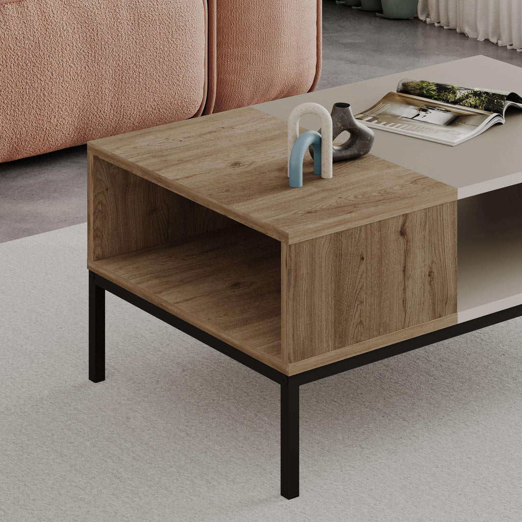 Light oak coffee table with open lower shelf and black metal legs