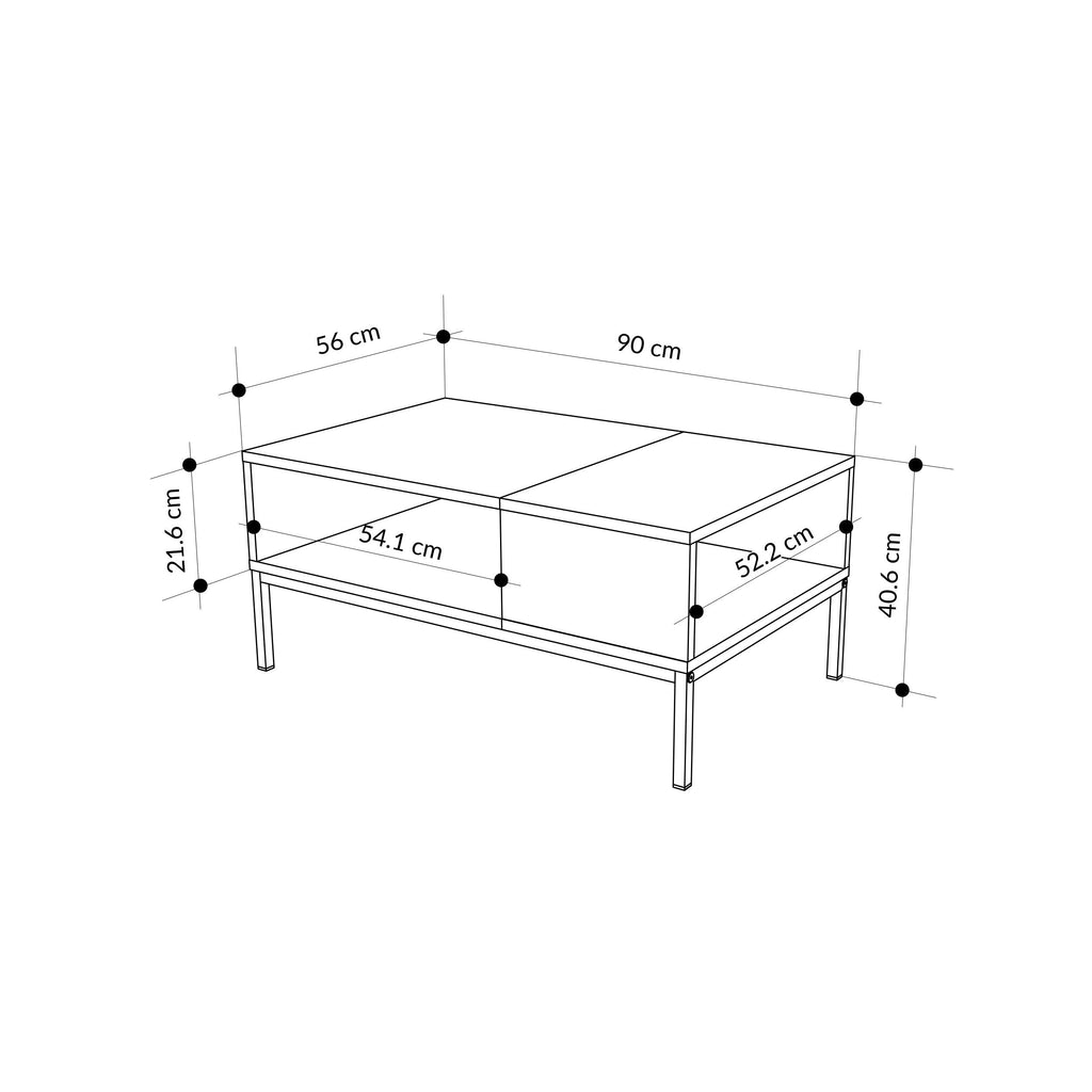 Coffee table with open storage product dimensions diagram with height and length measures