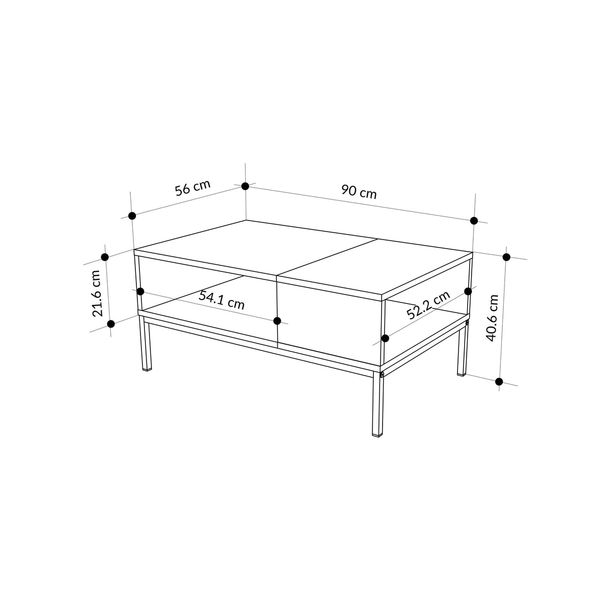 Coffee table with open storage product dimensions diagram with height and length measures