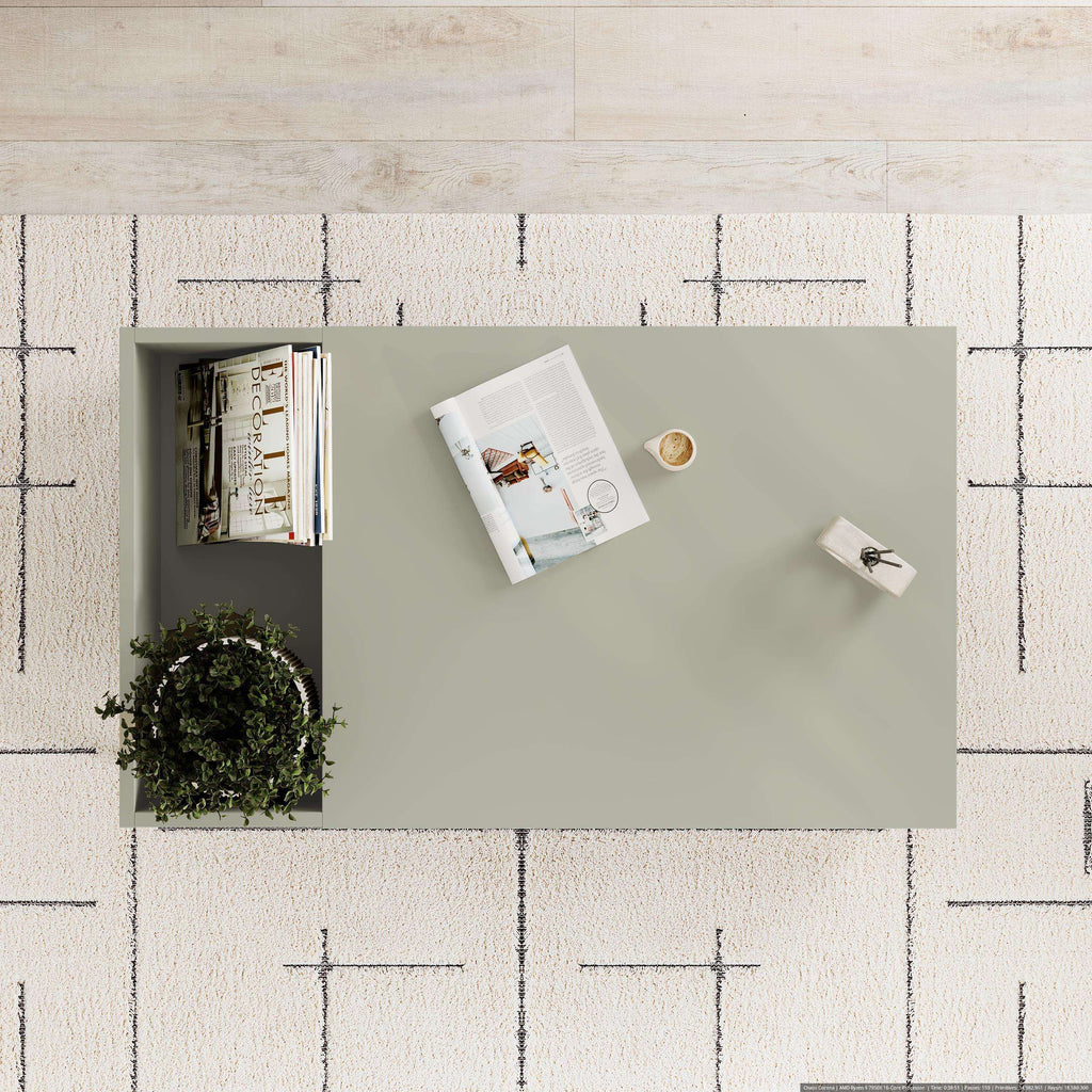 Ash green coffee table top view with open storage compartments, black legs
