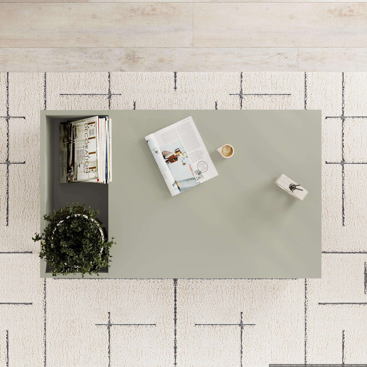 Ash green coffee table top view with open storage compartments, black legs