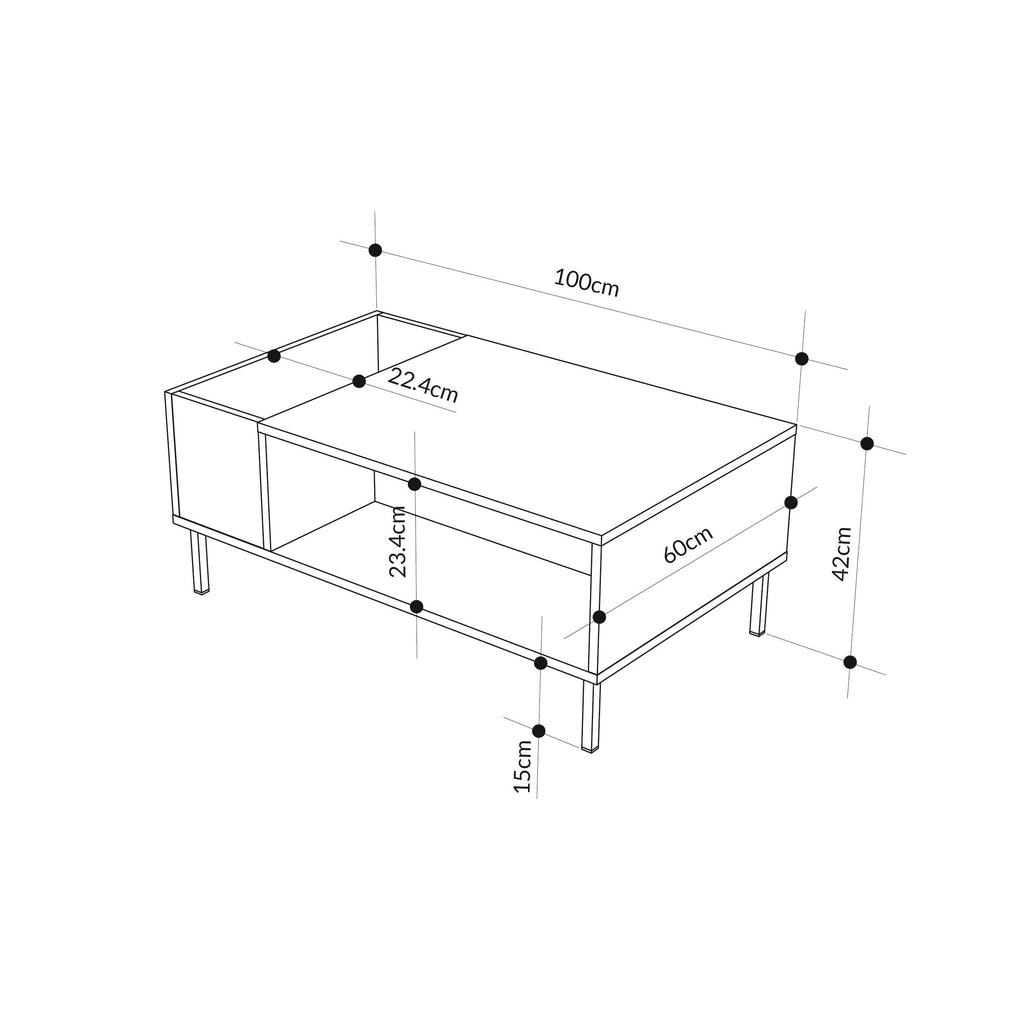 Coffee table dimensions: 100 cm x 60 cm, 42 cm height, ash green