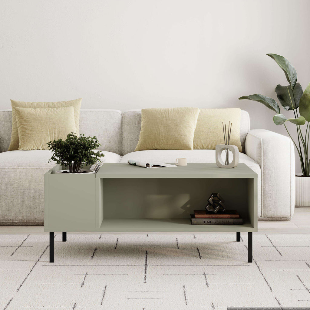 Ash green coffee table with open shelf, two storage sides, and black legs
